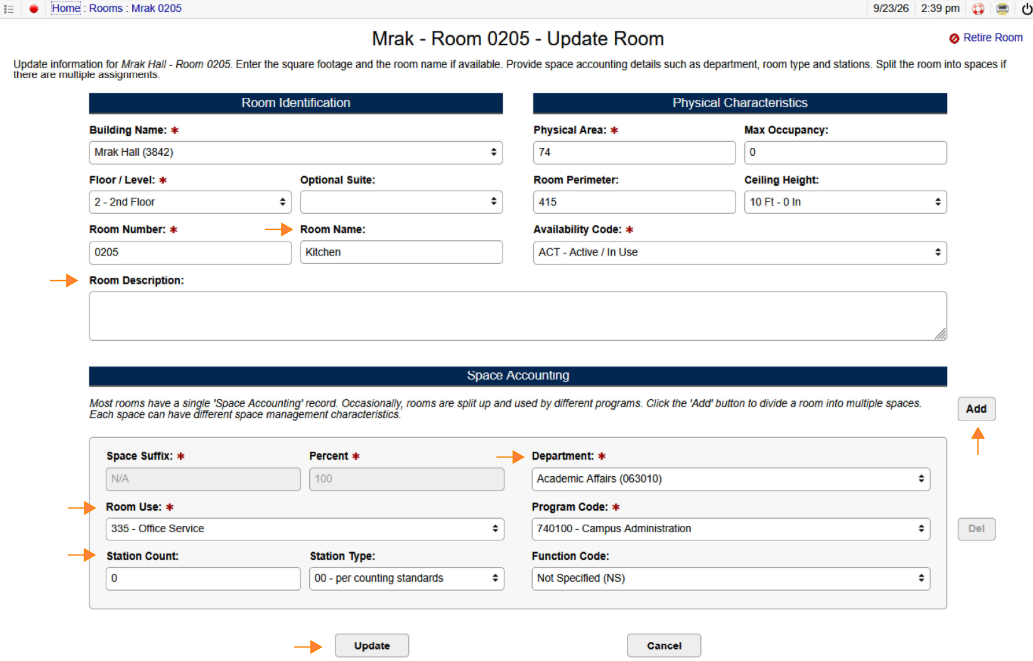 Screenshot of Update Room form with blue header and multiple input fields.
