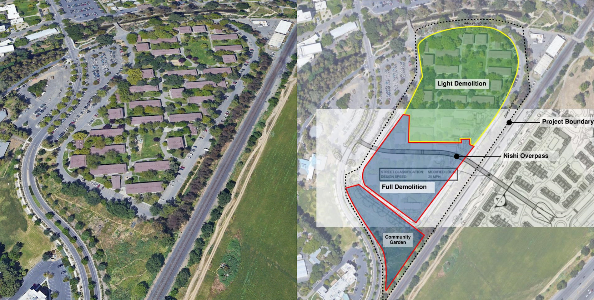Photo on the left shows a satellite view of Solano Park. The photo on the right is a marked up version of the same satellite view that shows the demolition zones and the location of the planned overpass