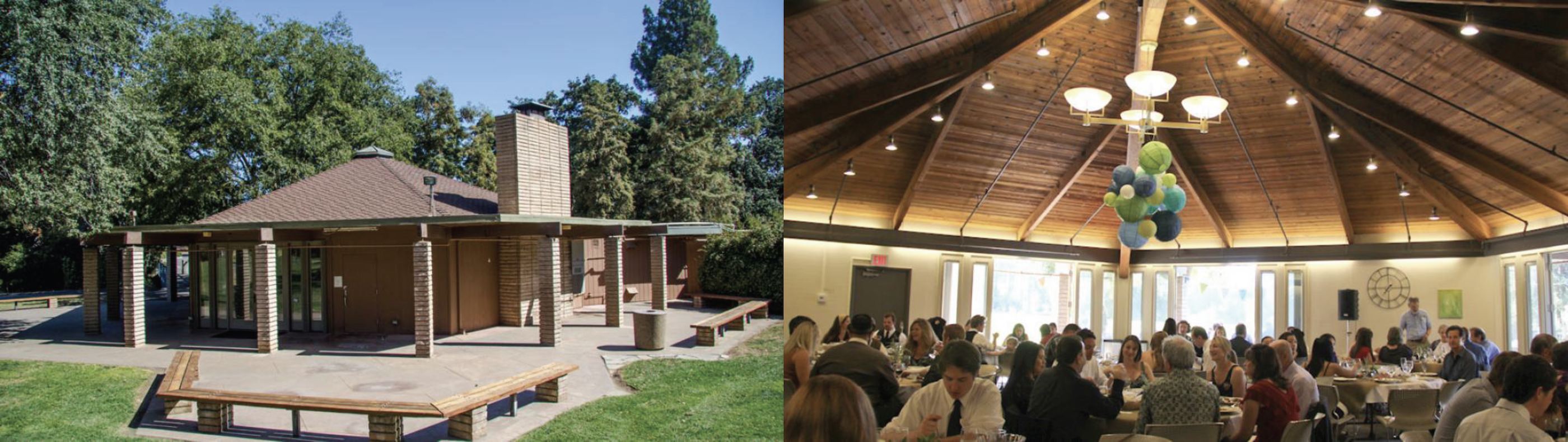 Photo of the exterior of Putah Creek Lodge and a photo of the interior of Putah Creek Lodge during an event