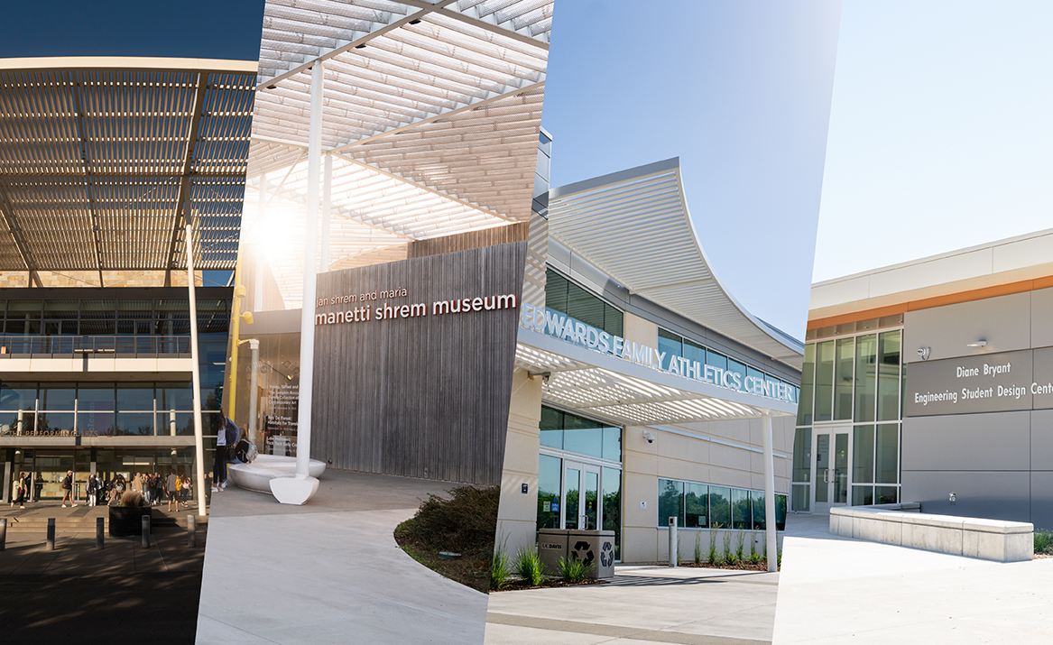 Collage of photos of buildings on the UC Davis campus