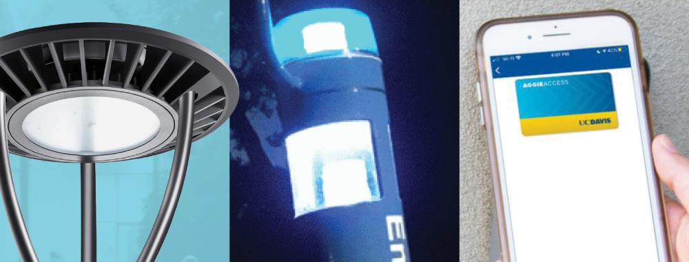 collage of security features on campus: an outdoor light, a blue light emergency call box, and a phone screen with aggie access.