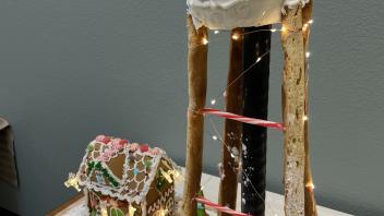Ginger bread house and UC Davis water tower constructed out of baked goods and candy