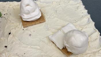 Replicas of the Egghead statues sculpted out of marshmallow