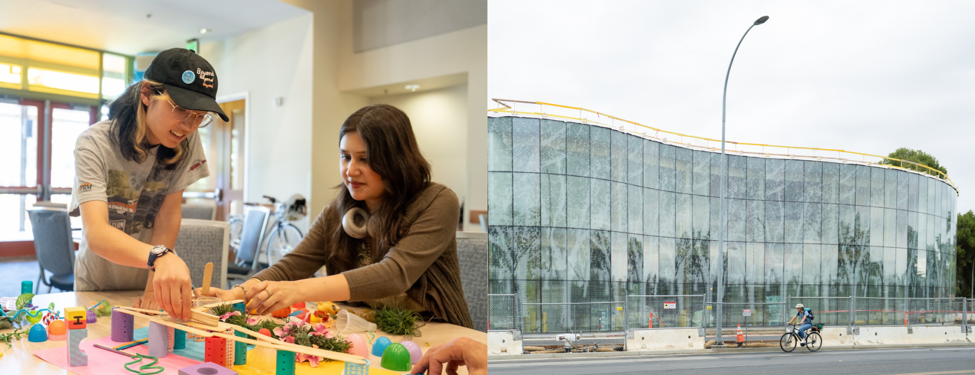 Graphic of two photos: on the left side, two people sit at a table and arrange colorful objects into a structure; on the right, the glass facade of the Resnick Center serves as the backdrop of a biker on Hutchison Drive
