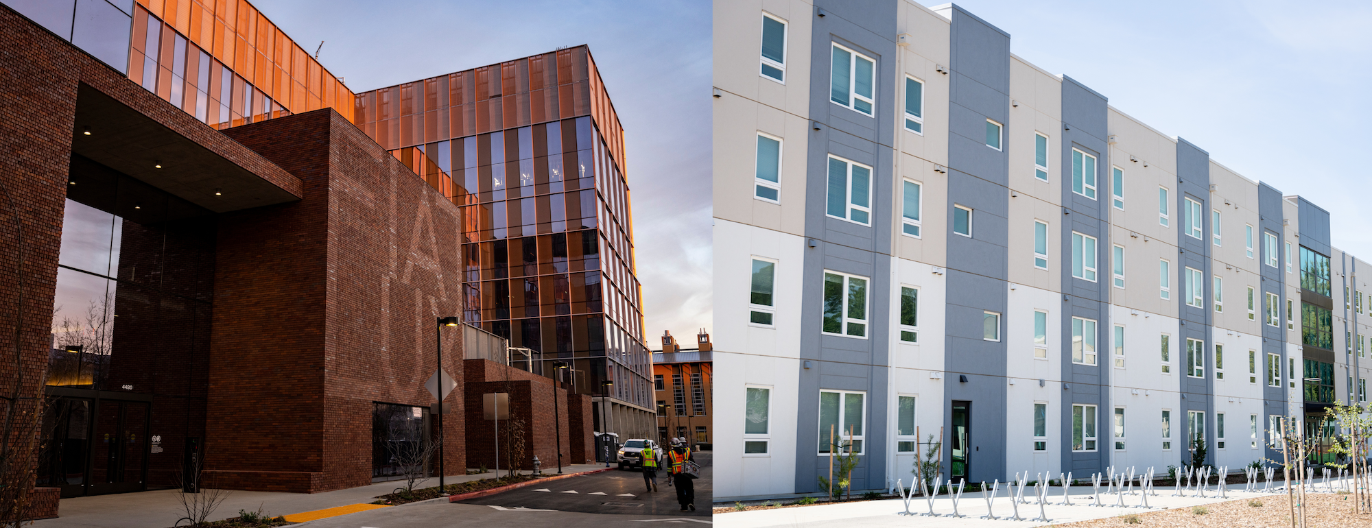 Collage of a photo of the exterior of Aggie Square, including a brick facade that reads "Fiat Lux" and a photo of the exterior of Orchard Park apartments