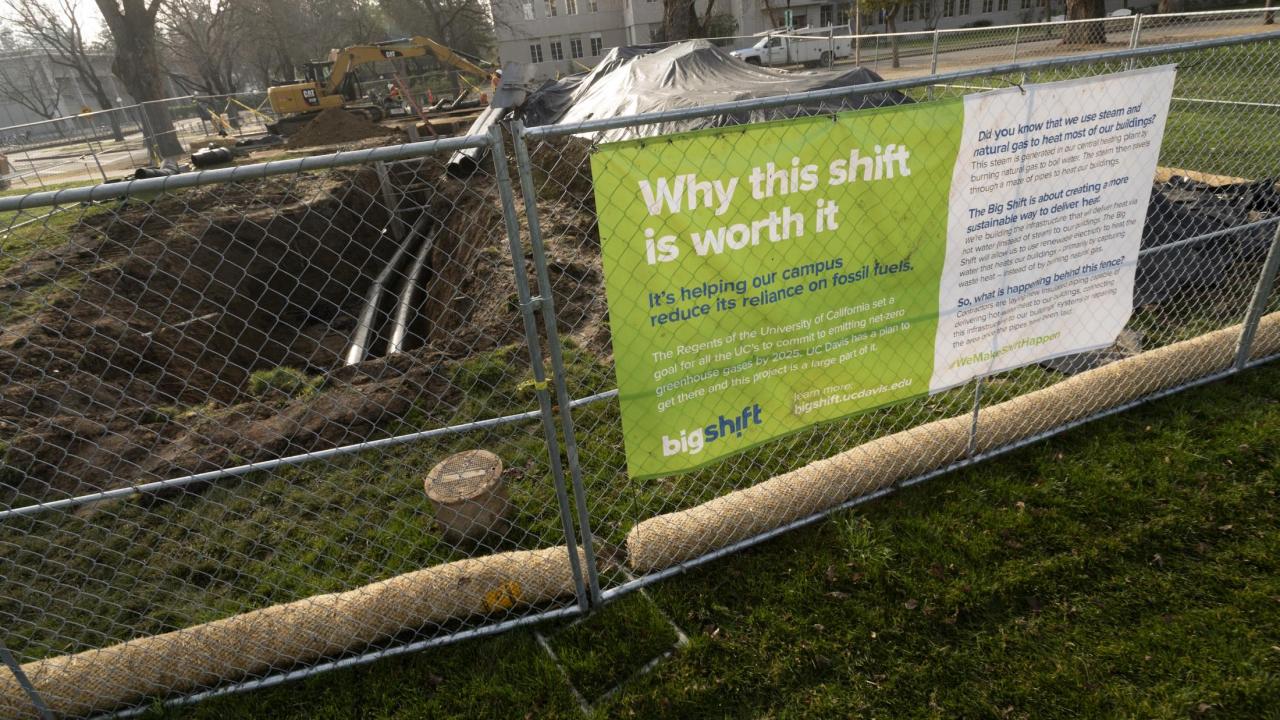 Big Shift construction signage on fencing on the Quad near Shields Library and Olson Hall