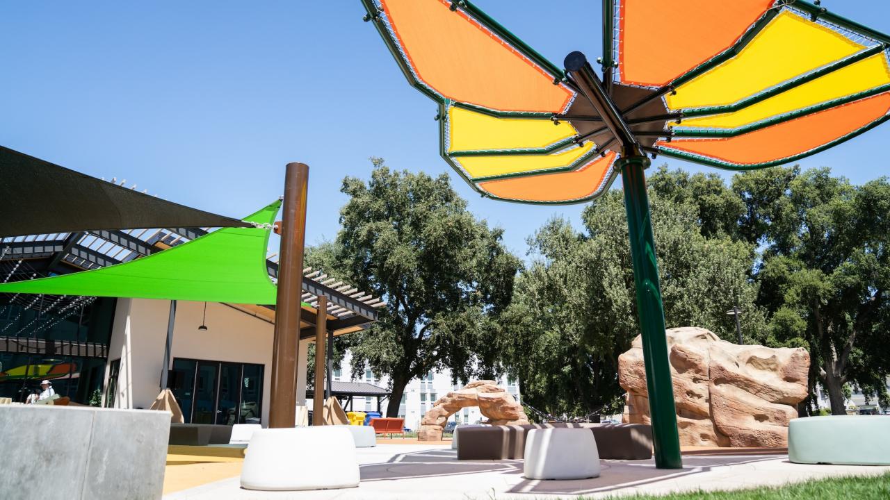 Large butterfly shaped shade structure outside of Orchard Park