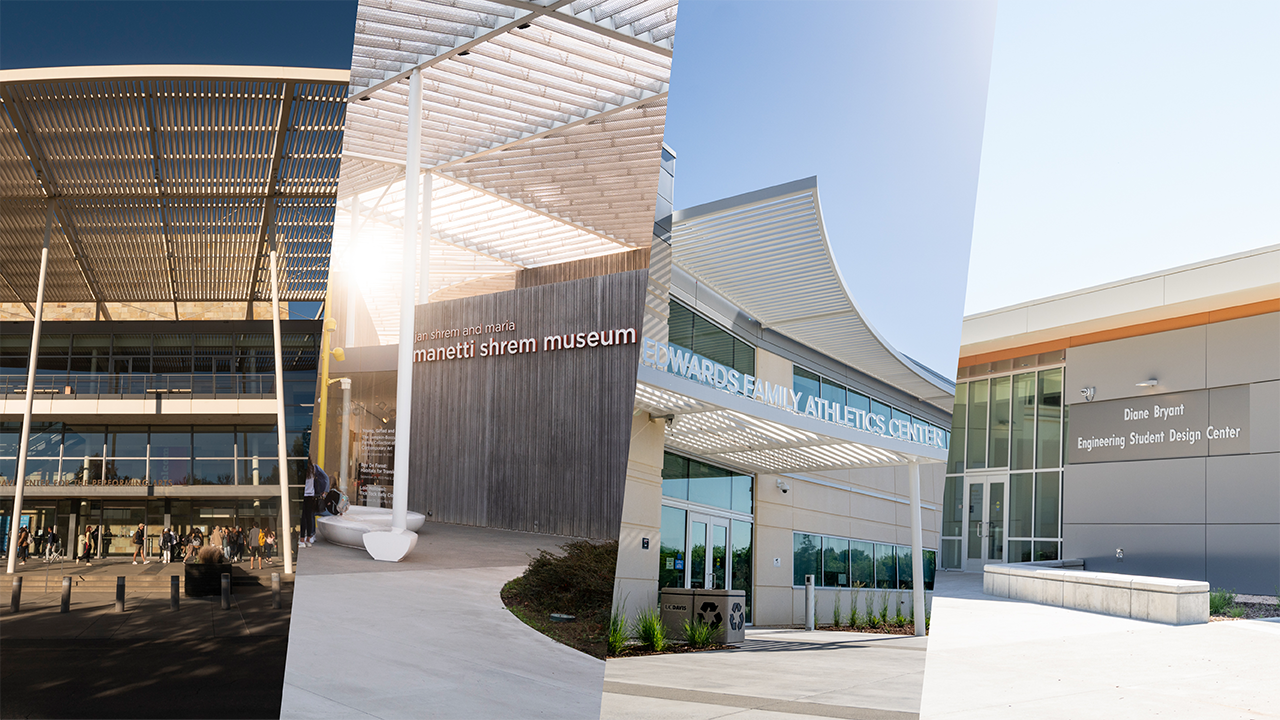 Collage of the Mondavi Center, the Manetti Shrem Museum, Edwards Family Athletic Center and Diane Bryant Engineering Student Design Center