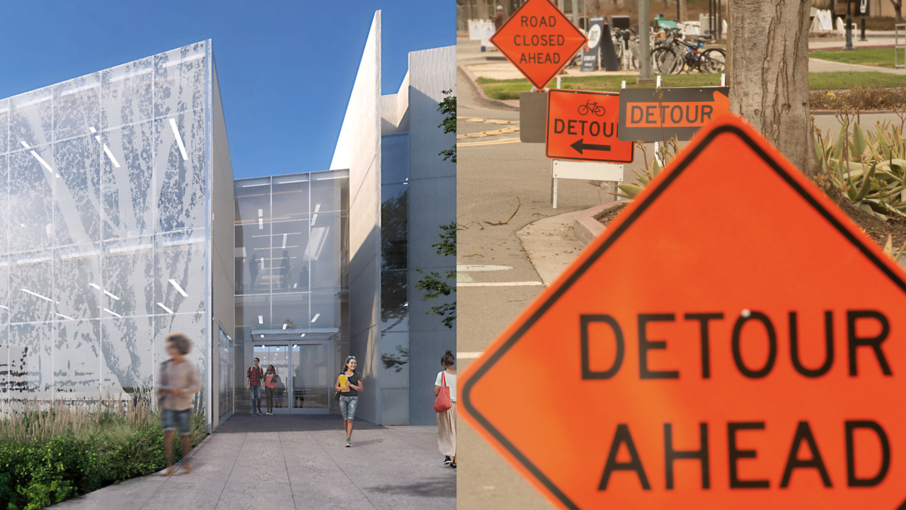 Rendering of Resnick Center for Agricultural Innovation and a photo of detour signs