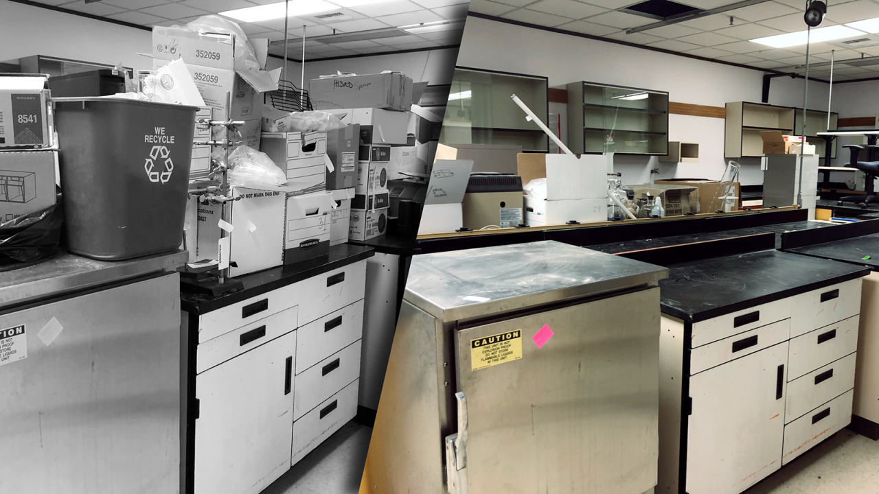 A composite of two photos of a lab in Tupper Hall. The first photo shows an area with cluttered counters before taking part in SMASH the Stash, while the second photo shows the same space, clear from waste and much more useable after participating in the program