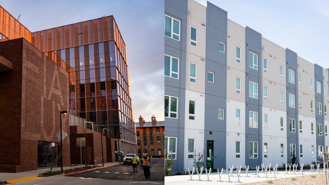 Collage of a photo of the exterior of Aggie Square, including a brick facade that reads "Fiat Lux" and a photo of the exterior of Orchard Park apartments