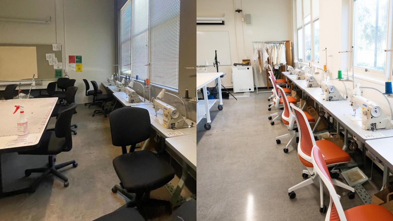 Split room: office desks with chairs (left) and sunny lab bench with orange stools (right)