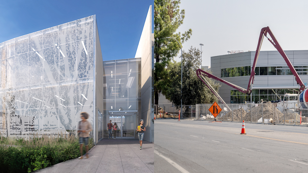 Graphic with rendering of Resnick Center and photo of construction on Hutchison Drive