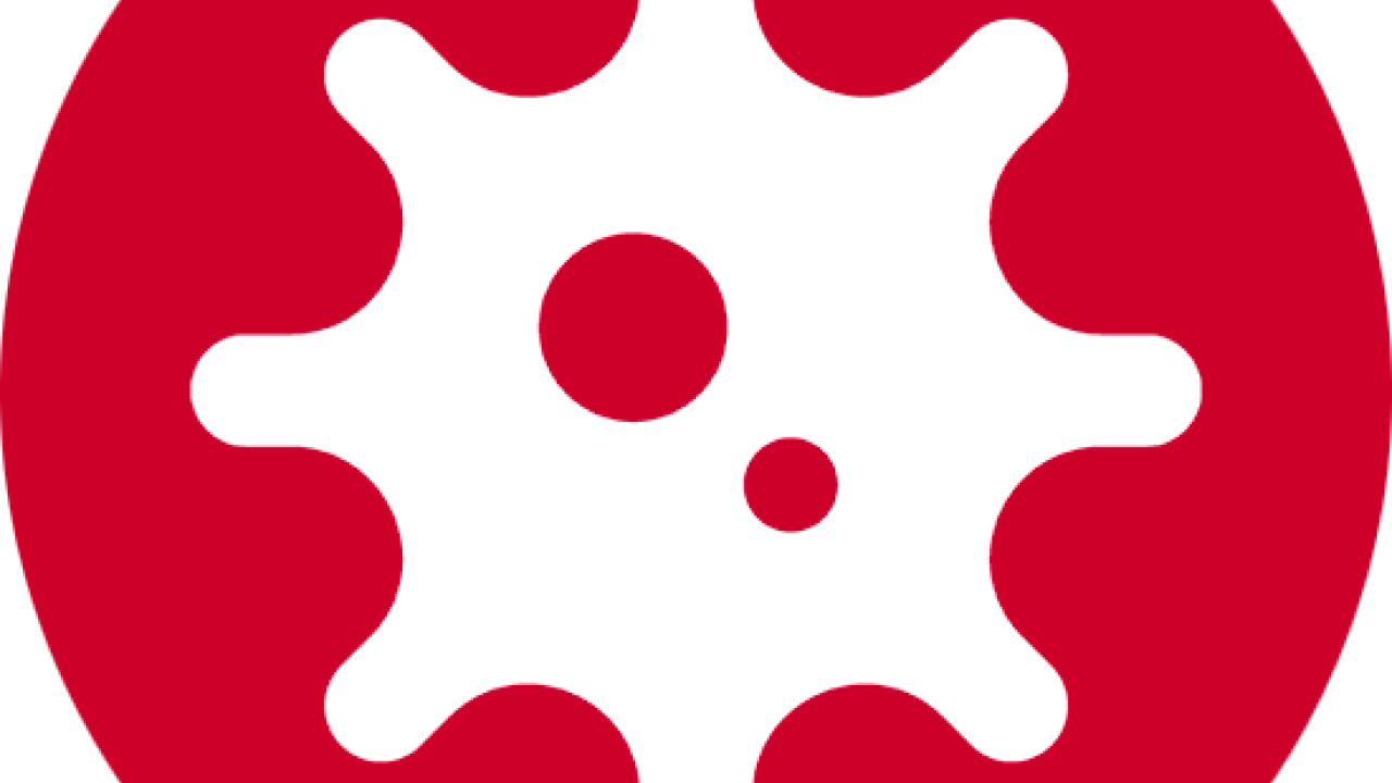 Virus icon on red background.