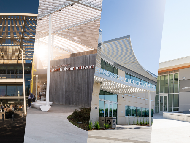 Collage of the Mondavi Center, the Manetti Shrem Museum, Edwards Family Athletic Center and Diane Bryant Engineering Student Design Center