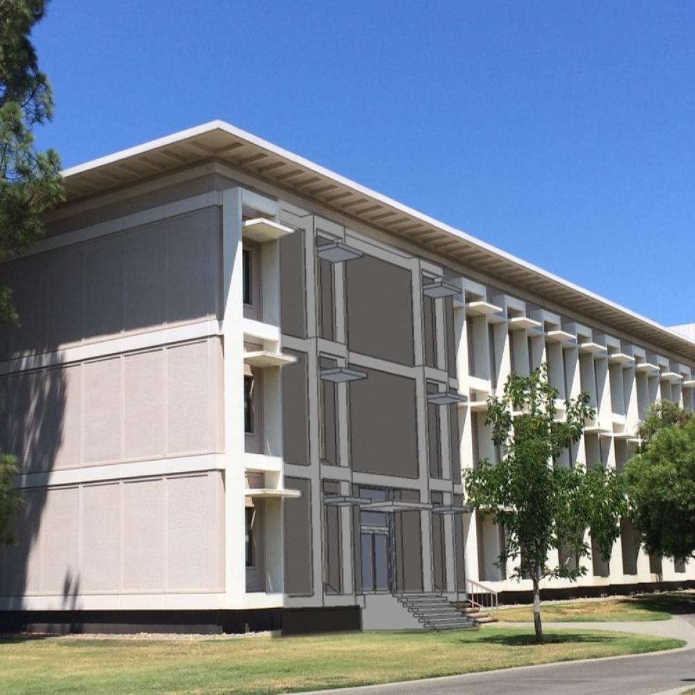 Illustration imposed on photo of Chemistry building