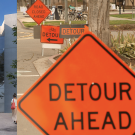 Rendering of Resnick Center for Agricultural Innovation and a photo of detour signs