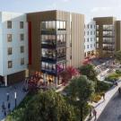 Segundo Infill Project rendering shows white and beige 5-story buildings surrounded by sidewalks and trees