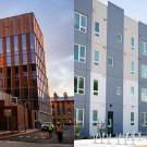 Collage of a photo of the exterior of Aggie Square, including a brick facade that reads "Fiat Lux" and a photo of the exterior of Orchard Park apartments