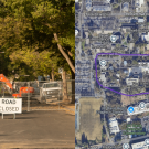 Image is split into two halves. One half shows a road closed sign with construction happening behind a chain link fence. The other side shows a detour map.