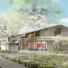 Collage of a rendering Equine Performance and Rehabilitation Center and a photo of the structure under construction