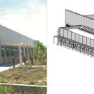 Image of the exterior of the CAHFS Tulare Laboratory next to a drawing of the lab building
