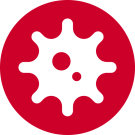 Virus icon on red background.