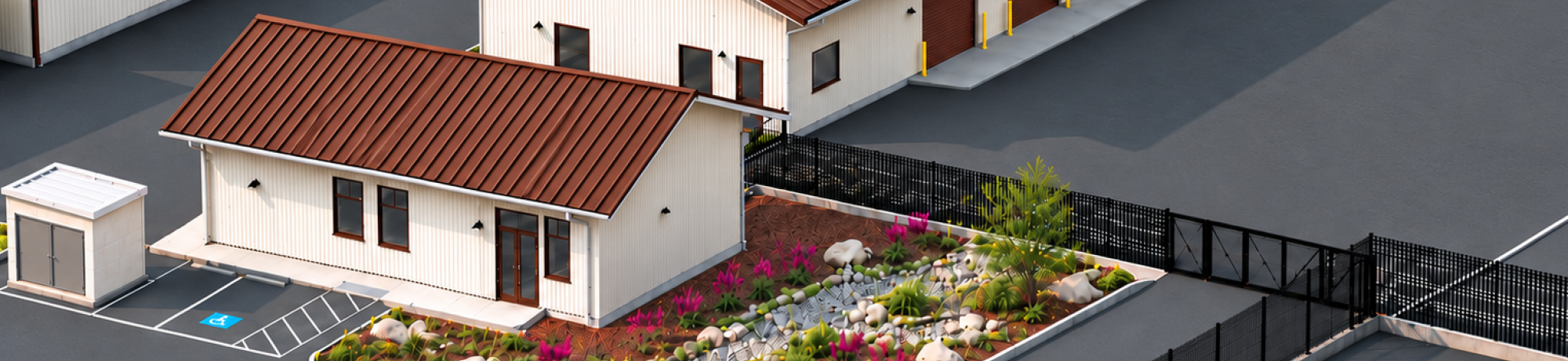 Isometric illustration of white buildings with red tile roofs, gated driveway and flower garden