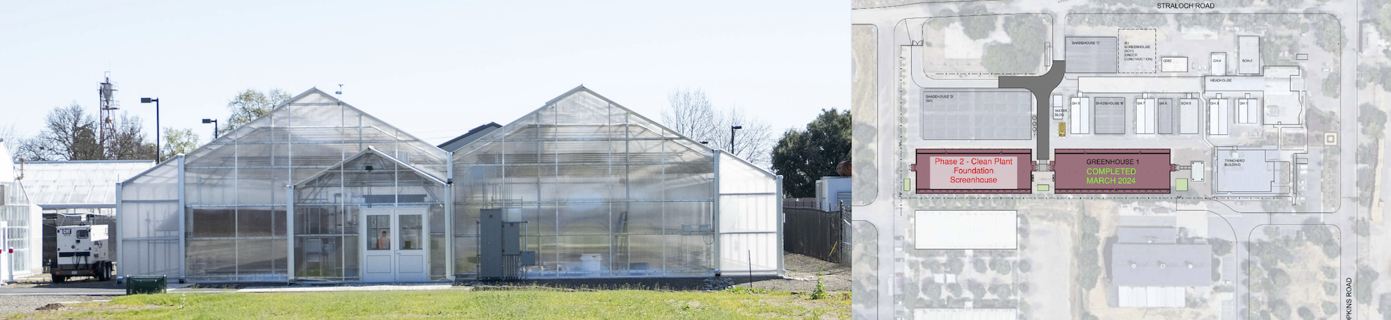 Photo of completed FPS greenhouse next to an aerial view of the area where the screenhouse will be located, adjacent to the greenhouse
