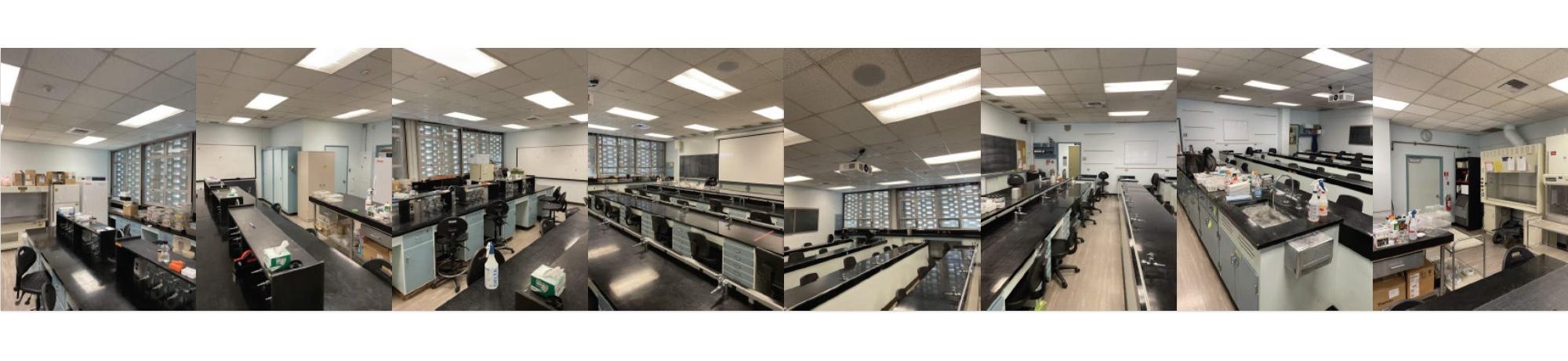 A collage of photos of Hutchison Labs 103 and 109 before renovation